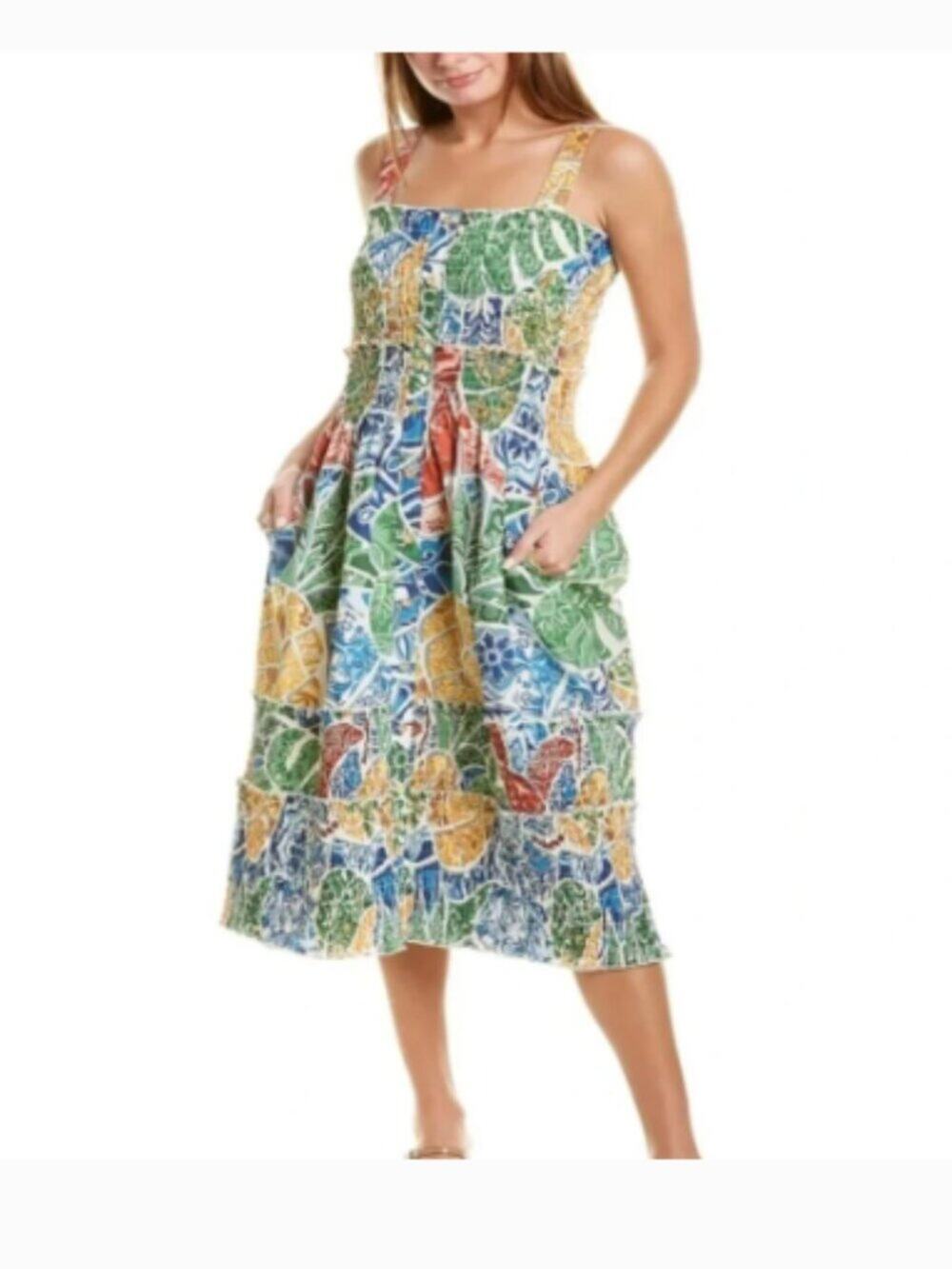 New Farm Rio‎ Tropical Floral Smocked Tile Midi Dress Sz S